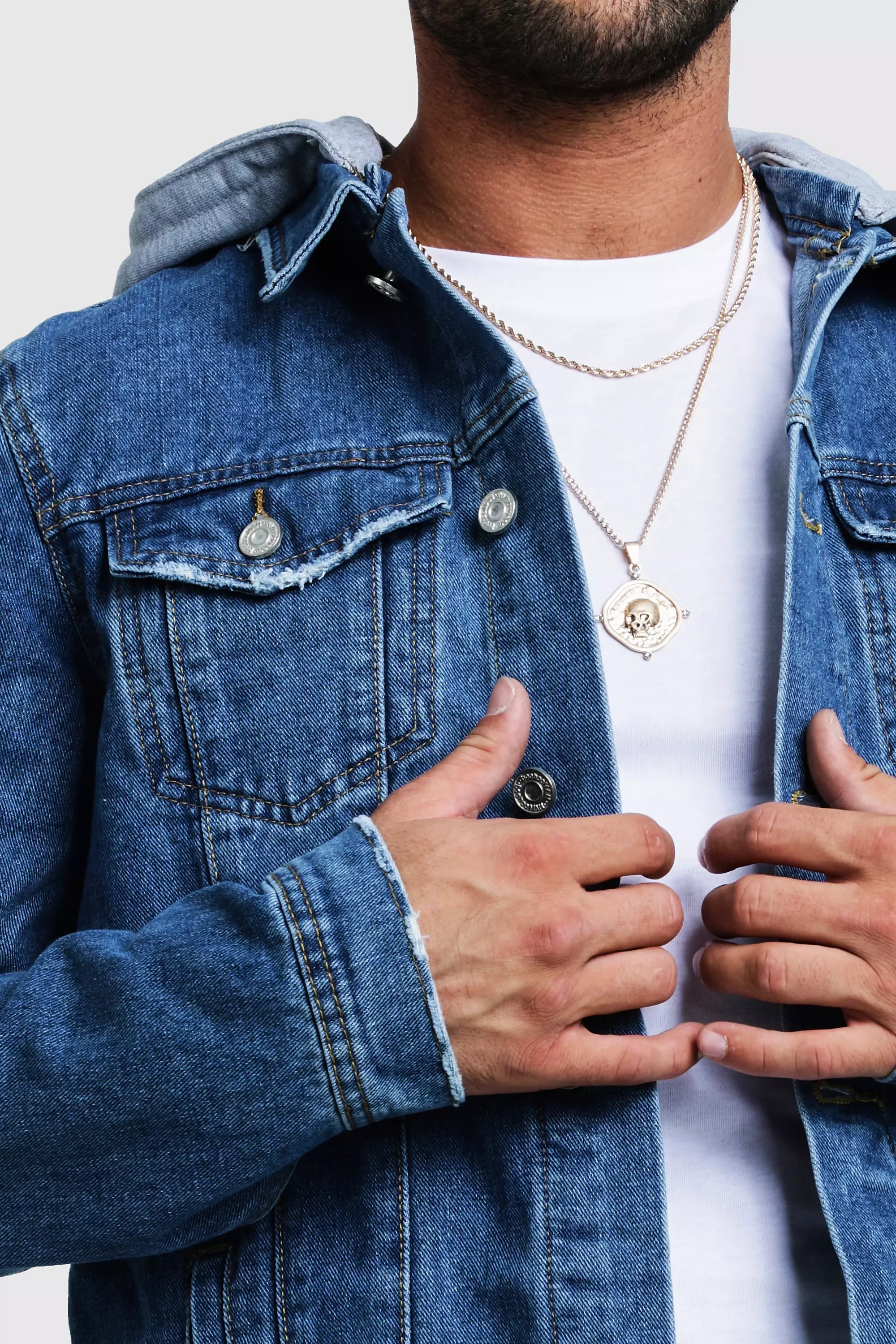 Denim jacket with removable sales hood